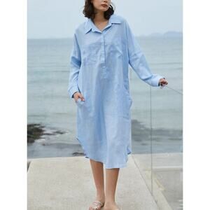 Cozinen Long Sleeve Midi Shirt Dress Half Button Front Loose Fit Blue Womens OS